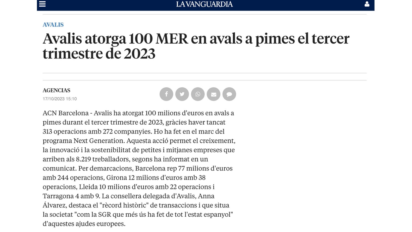 La Vanguardia publica la información de los avales ortagados por Avalis ...